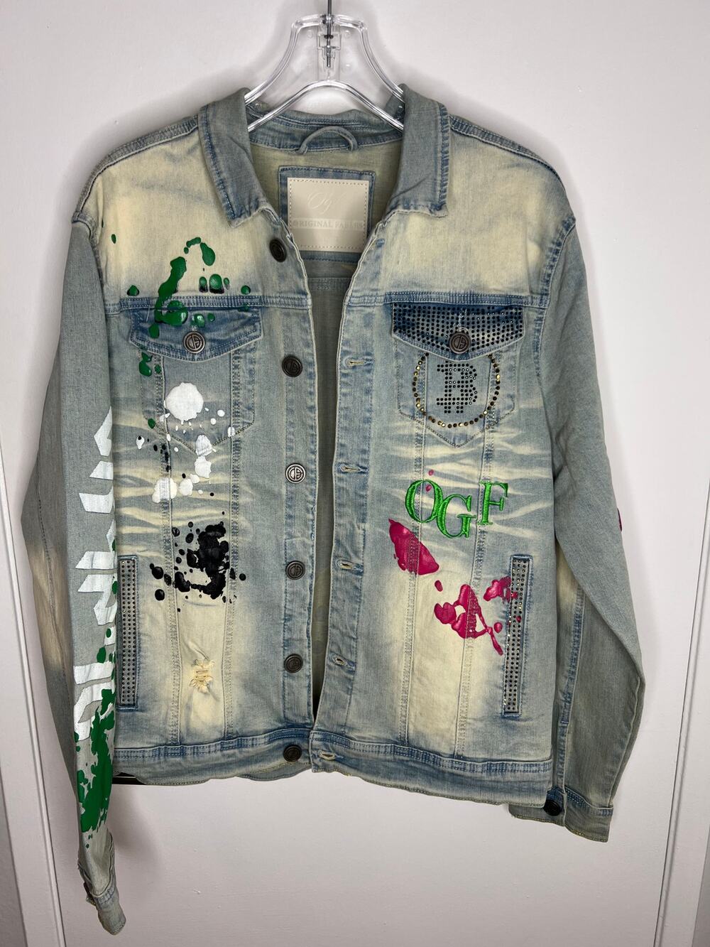Original Fables Crypto Artwork Denim Jacket Bling Distressed NEW ~ Size L